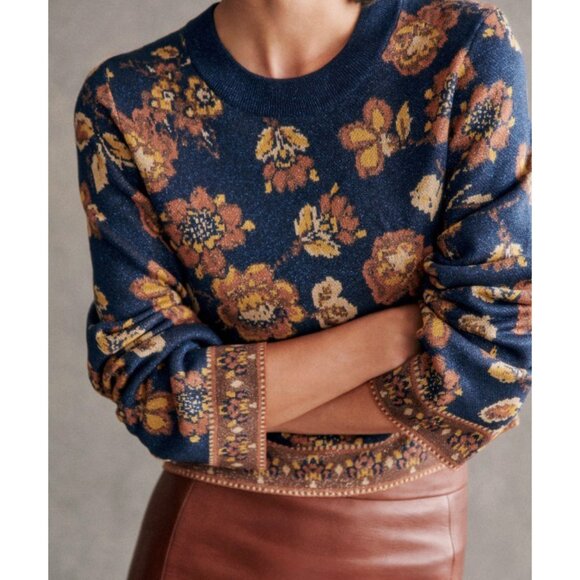 EUC Sezane Emna Glitter Floral Sweater Blue Brown Medium - Picture 2 of 9